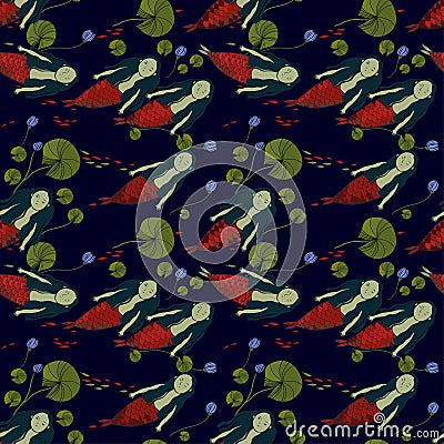 Beautiful mermaids with red ones in a flock with fish and water lilies. seamless vector pattern Vector Illustration